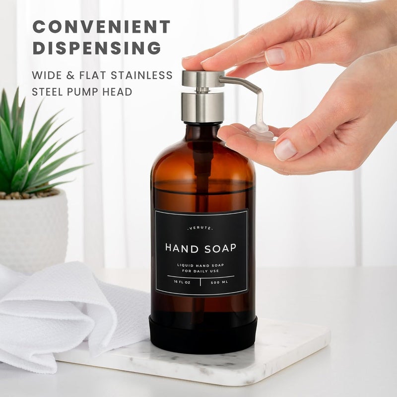 Verute Hand and Dish Soap Dispenser for Kitchen and Bathroom, Set of 2 16 Oz Glass Bottles, Stainless Steel Pumps, Non-Slip Silicone Base, 27 Waterproof Labels (Amber Bottle/Brushed Silver Pump) - Image 4